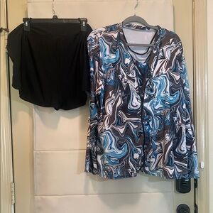 Blue and Brown Swirl Abstract 3 Piece Swim Set—Rashguard, Sport Bra, and Shorts